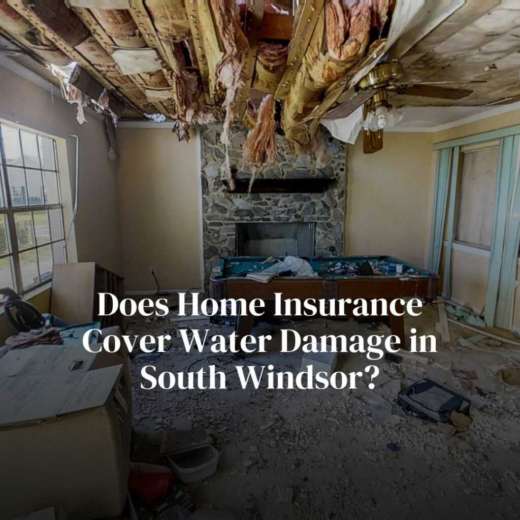 Water damage in living room with exposed ceiling.