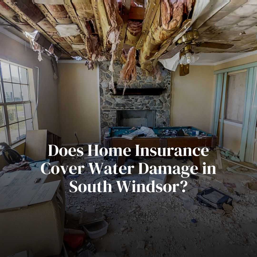 Water damage in living room with exposed ceiling.